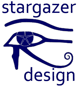 a logo with an Eye of Horus with a star for a pupil, and the words stargazer design above and below the eye.